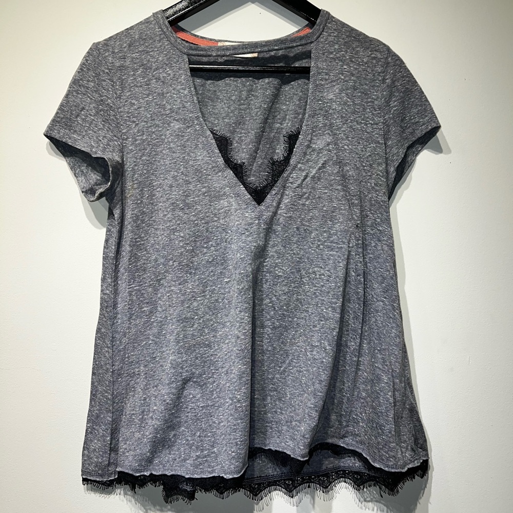 Grey with black lace deep v top.